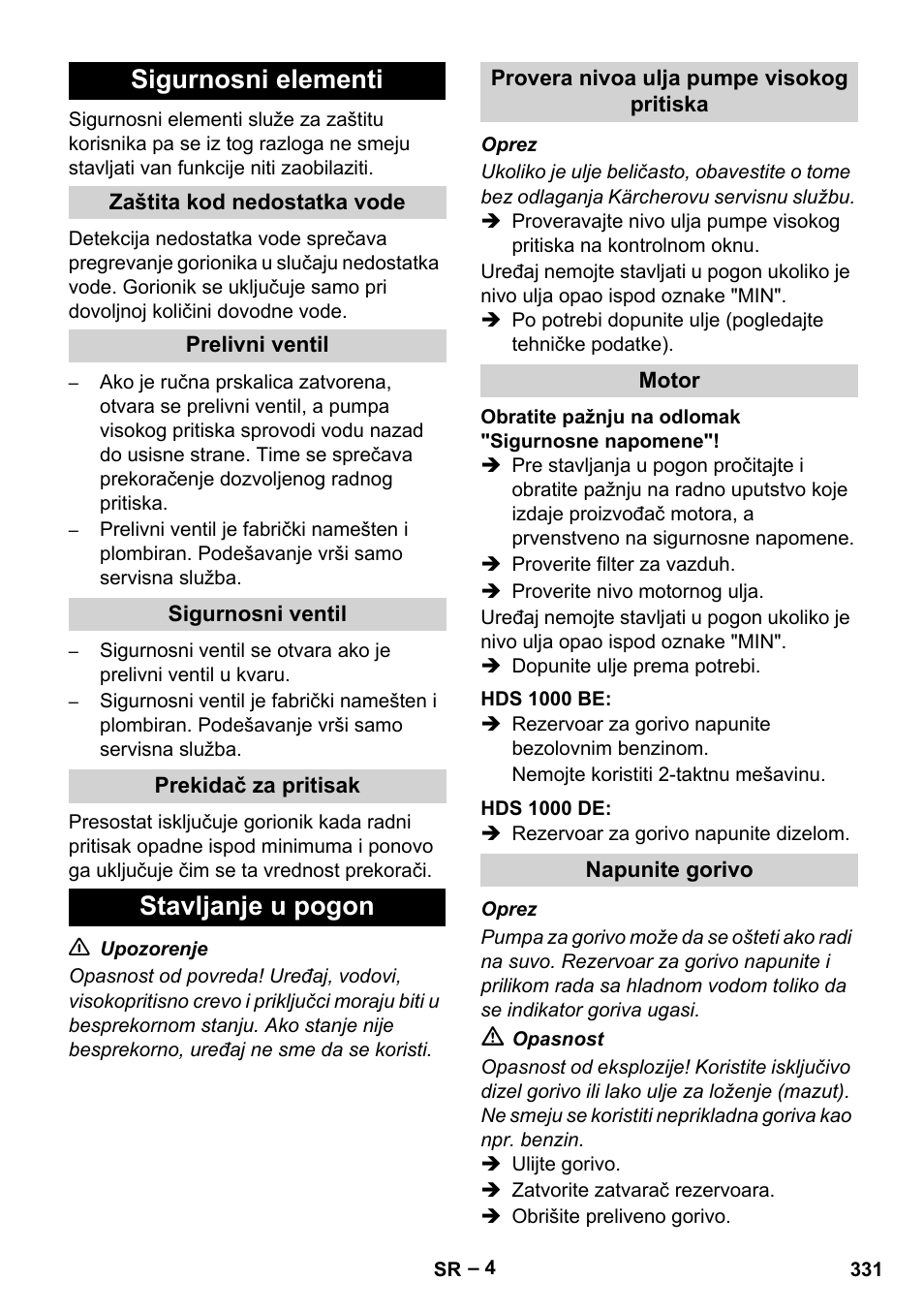 Sigurnosni elementi, Zaštita kod nedostatka vode, Prelivni ventil | Sigurnosni ventil, Prekidač za pritisak, Stavljanje u pogon, Provera nivoa ulja pumpe visokog pritiska, Motor, Hds 1000 be, Hds 1000 de | Karcher HDS 1000 Be User Manual | Page 331 / 436