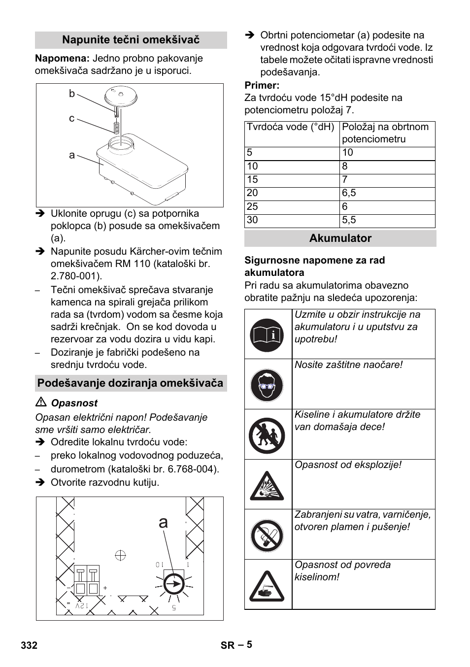 Napunite tečni omekšivač, Podešavanje doziranja omekšivača, Akumulator | Sigurnosne napomene za rad akumulatora | Karcher HDS 1000 Be User Manual | Page 332 / 436