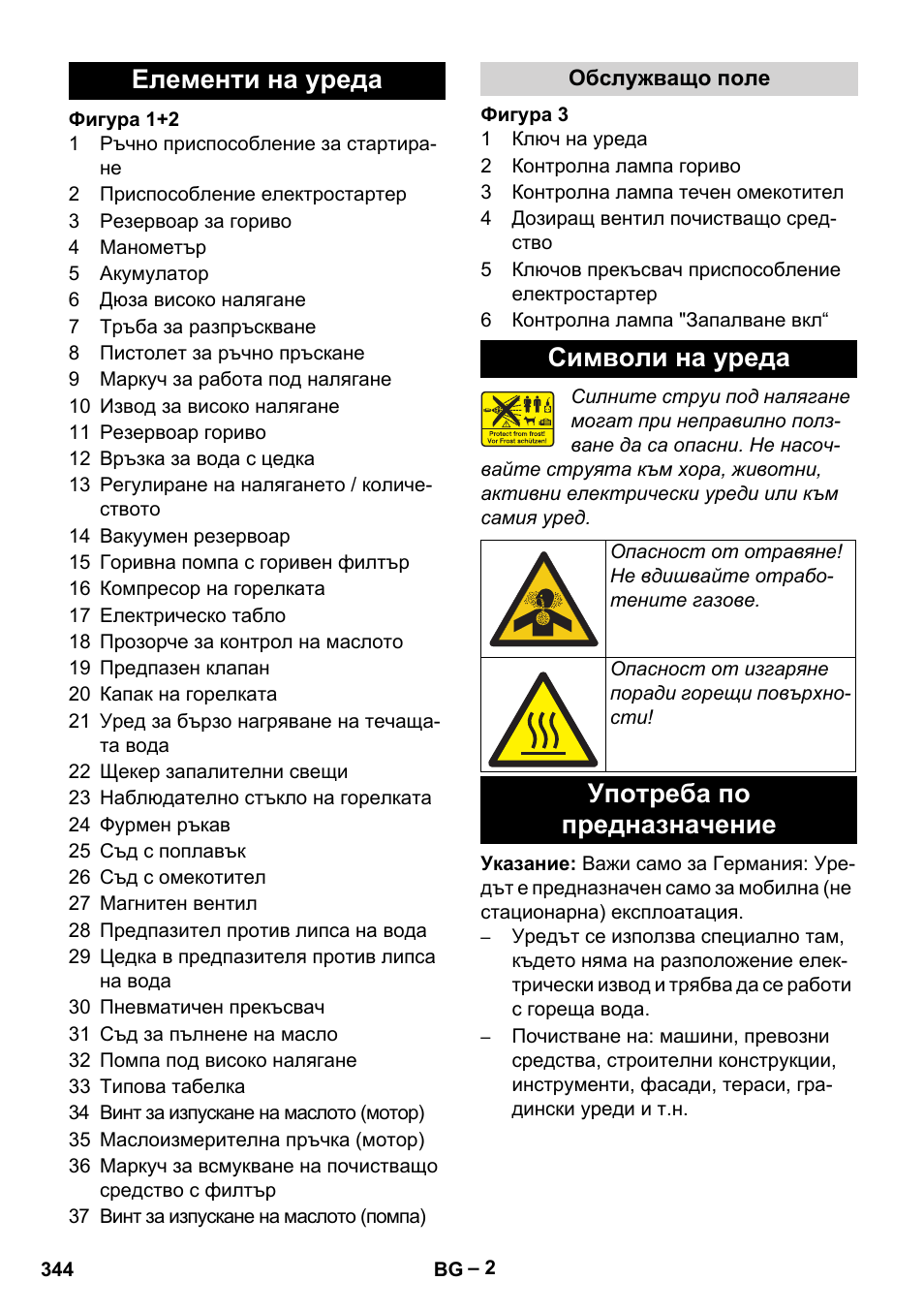 Елементи на уреда, Обслужващо поле, Символи на уреда | Употреба по предназначение | Karcher HDS 1000 Be User Manual | Page 344 / 436