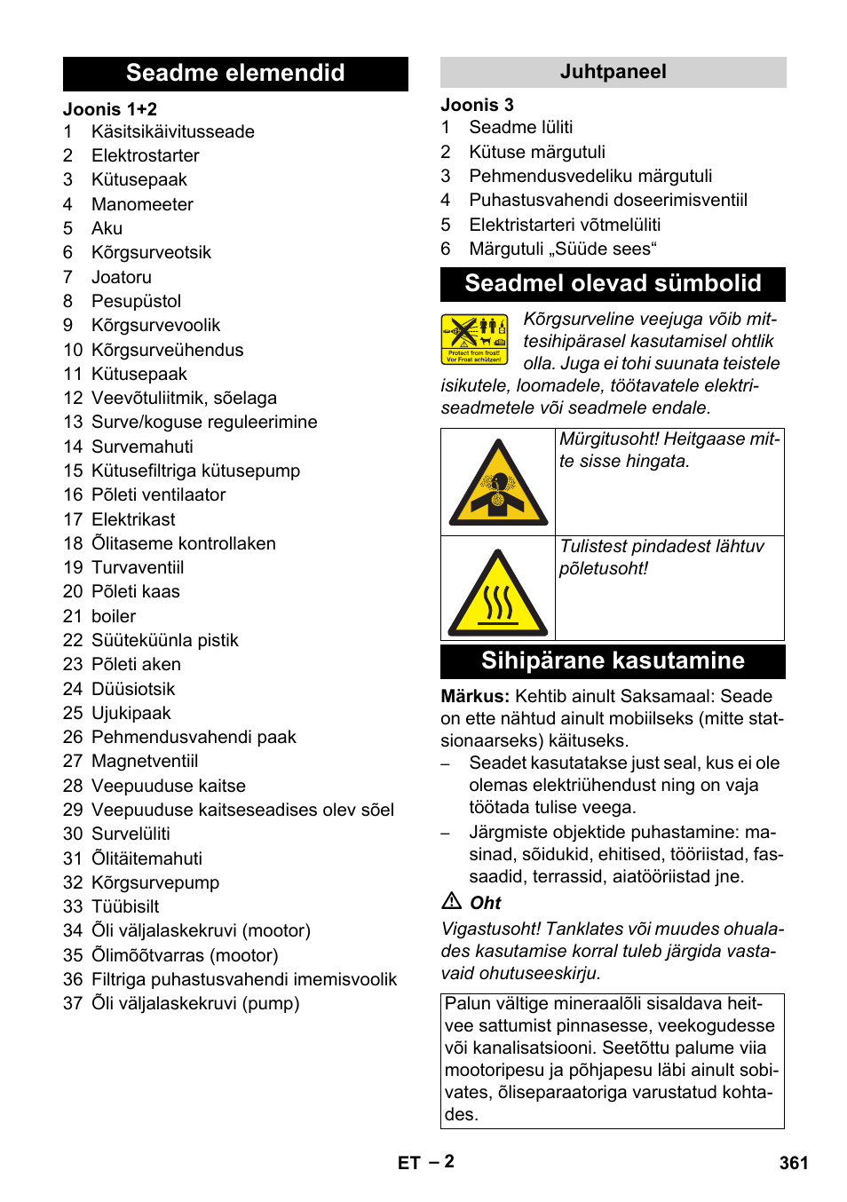 Seadme elemendid, Juhtpaneel, Seadmel olevad sümbolid | Sihipärane kasutamine | Karcher HDS 1000 Be User Manual | Page 361 / 436