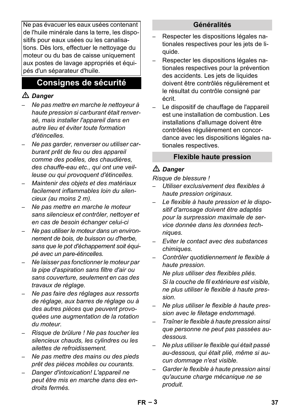 Consignes de sécurité, Généralités, Flexible haute pression | Karcher HDS 1000 Be User Manual | Page 37 / 436