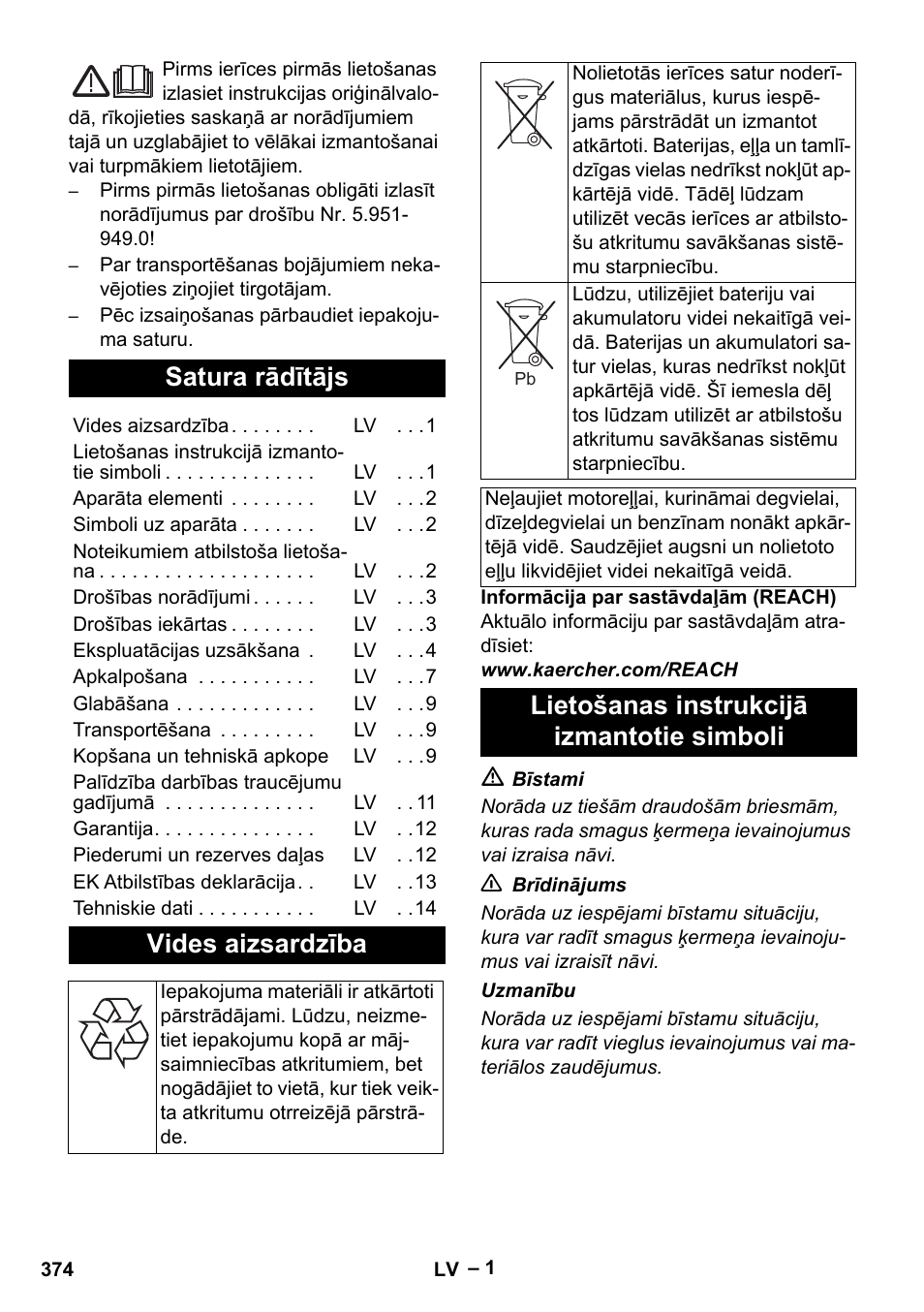 Latviešu, Satura rādītājs, Vides aizsardzība | Lietošanas instrukcijā izmantotie simboli | Karcher HDS 1000 Be User Manual | Page 374 / 436