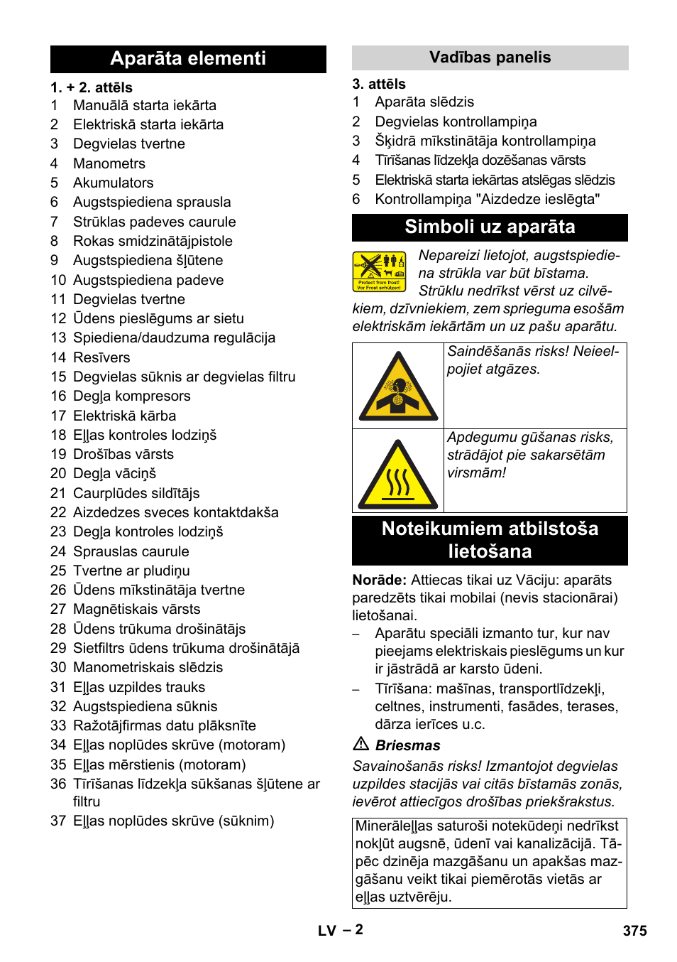 Aparāta elementi, Vadības panelis, Simboli uz aparāta | Noteikumiem atbilstoša lietošana | Karcher HDS 1000 Be User Manual | Page 375 / 436