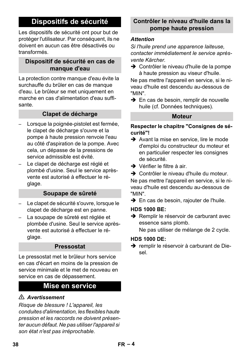 Dispositifs de sécurité, Dispositif de sécurité en cas de manque d'eau, Clapet de décharge | Soupape de sûreté, Pressostat, Mise en service, Moteur, Hds 1000 be, Hds 1000 de | Karcher HDS 1000 Be User Manual | Page 38 / 436