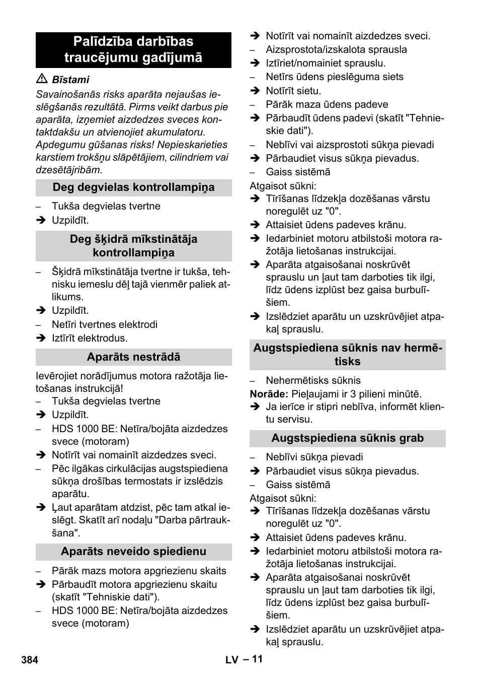 Palīdzība darbības traucējumu gadījumā, Deg degvielas kontrollampiņa, Deg šķidrā mīkstinātāja kontrollampiņa | Aparāts nestrādā, Aparāts neveido spiedienu, Augstspiediena sūknis nav hermētisks, Augstspiediena sūknis grab | Karcher HDS 1000 Be User Manual | Page 384 / 436