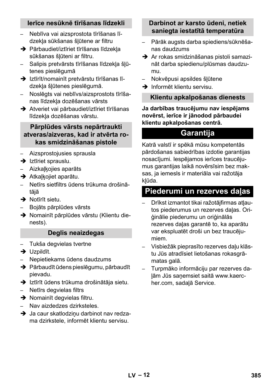 Ierīce nesūknē tīrīšanas līdzekli, Deglis neaizdegas, Klientu apkalpošanas dienests | Garantija, Piederumi un rezerves daļas, Garantija piederumi un rezerves daļas | Karcher HDS 1000 Be User Manual | Page 385 / 436