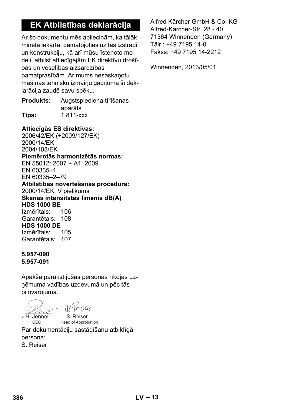 Ek atbilstības deklarācija | Karcher HDS 1000 Be User Manual | Page 386 / 436