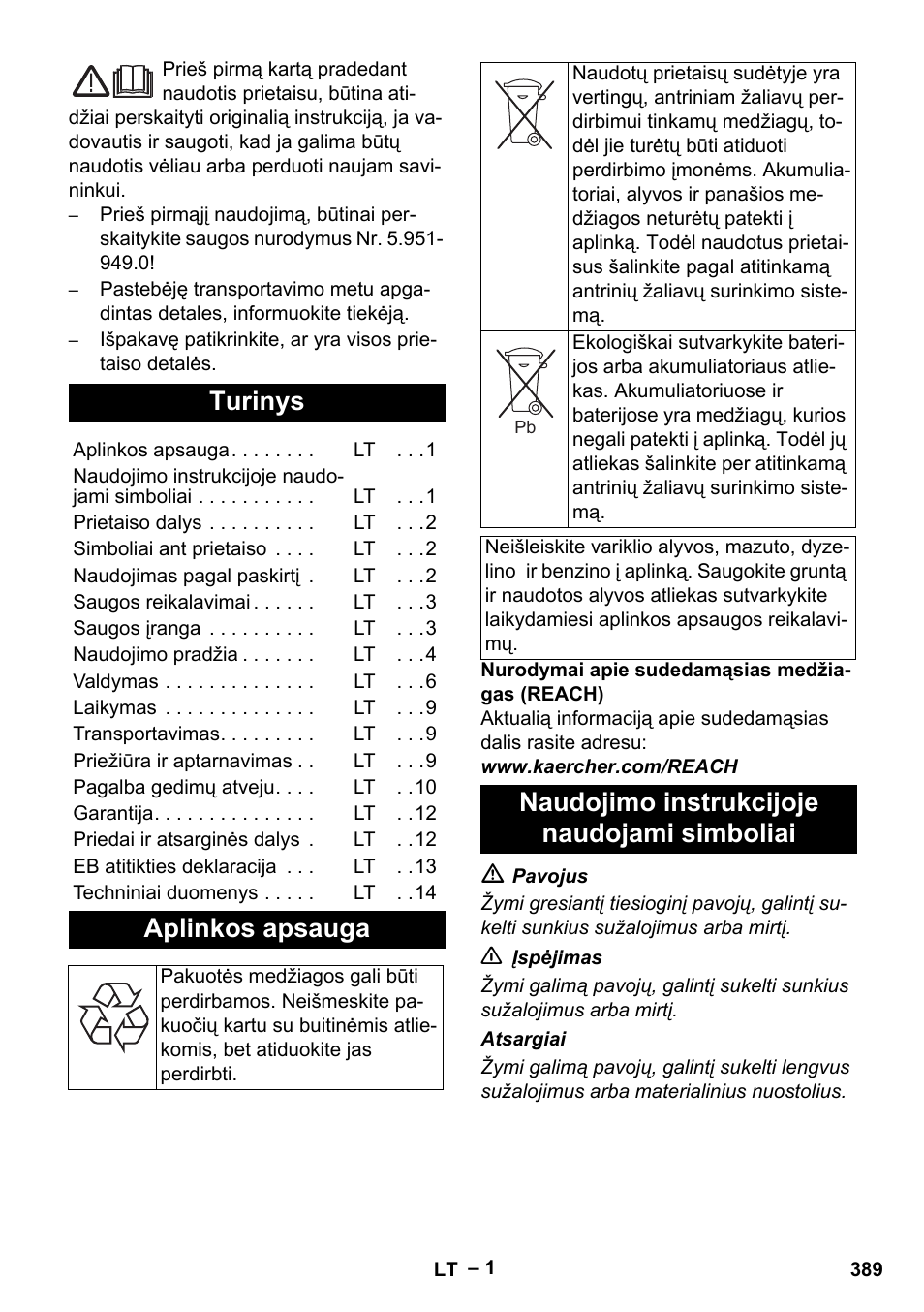 Lietuviškai, Turinys, Aplinkos apsauga | Naudojimo instrukcijoje naudojami simboliai | Karcher HDS 1000 Be User Manual | Page 389 / 436
