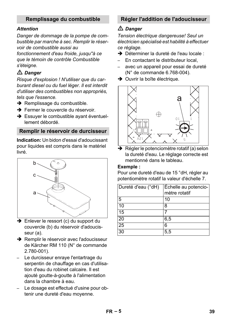 Remplissage du combustible, Remplir le réservoir de durcisseur, Régler l'addition de l'adoucisseur | Karcher HDS 1000 Be User Manual | Page 39 / 436