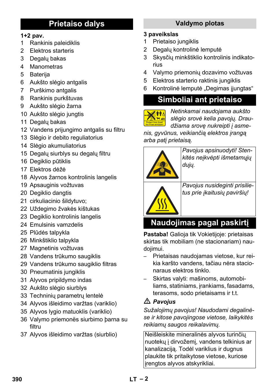 Prietaiso dalys, Valdymo plotas, Simboliai ant prietaiso | Naudojimas pagal paskirtį | Karcher HDS 1000 Be User Manual | Page 390 / 436