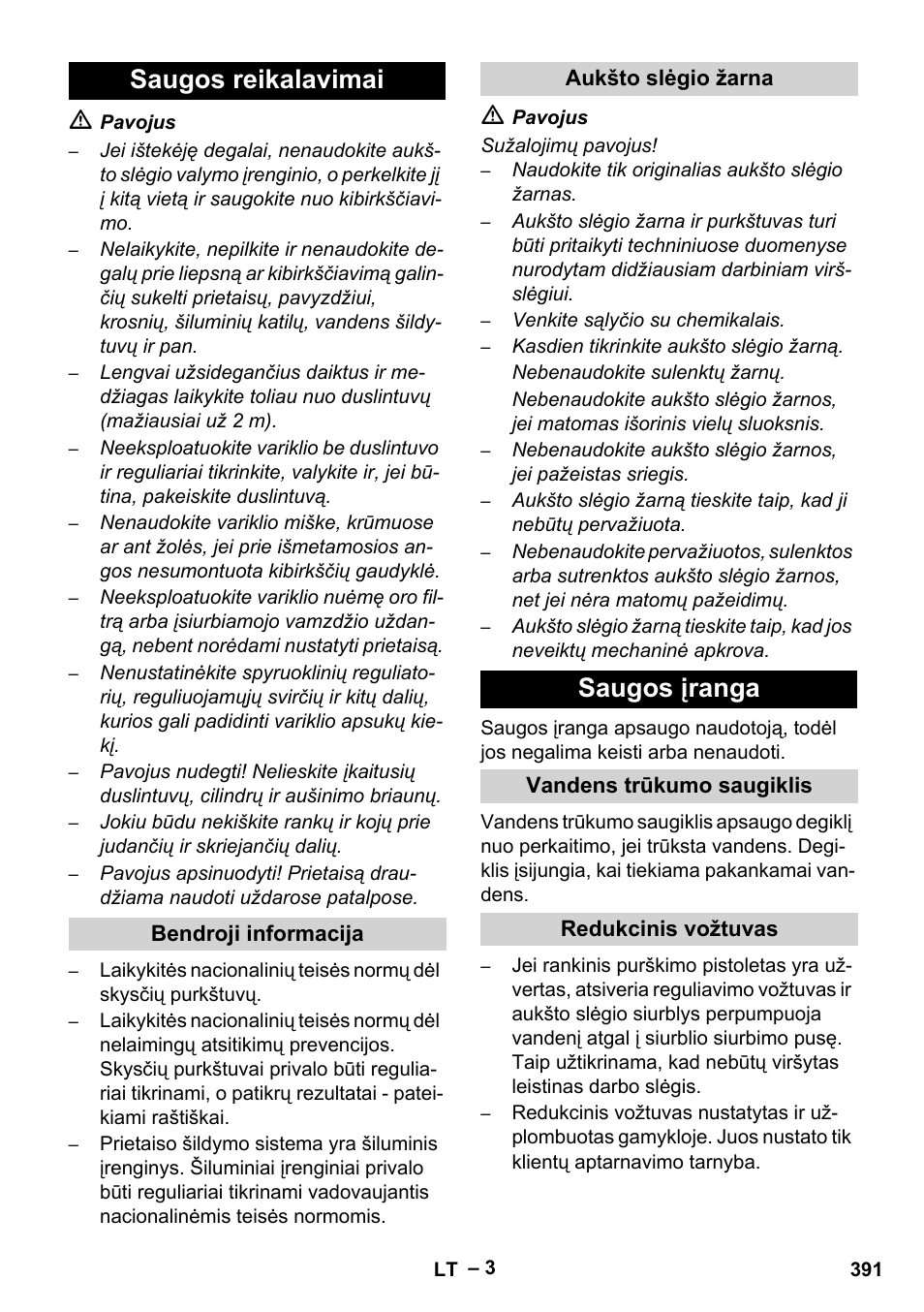 Saugos reikalavimai, Bendroji informacija, Aukšto slėgio žarna | Saugos įranga, Vandens trūkumo saugiklis, Redukcinis vožtuvas | Karcher HDS 1000 Be User Manual | Page 391 / 436