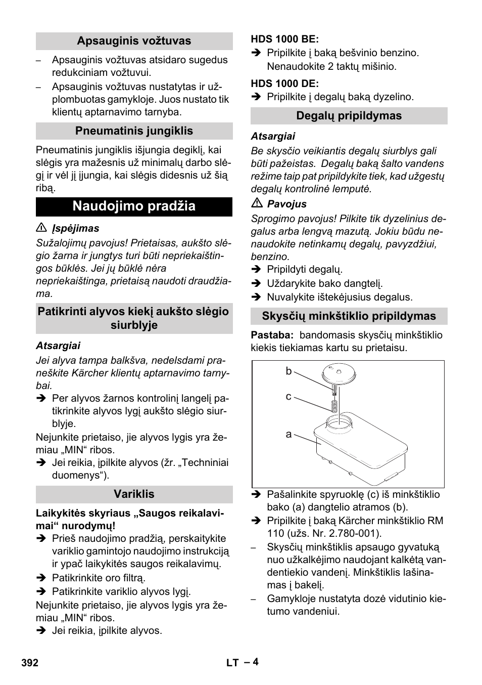 Apsauginis vožtuvas, Pneumatinis jungiklis, Naudojimo pradžia | Patikrinti alyvos kiekį aukšto slėgio siurblyje, Variklis, Hds 1000 be, Hds 1000 de, Degalų pripildymas, Skysčių minkštiklio pripildymas | Karcher HDS 1000 Be User Manual | Page 392 / 436