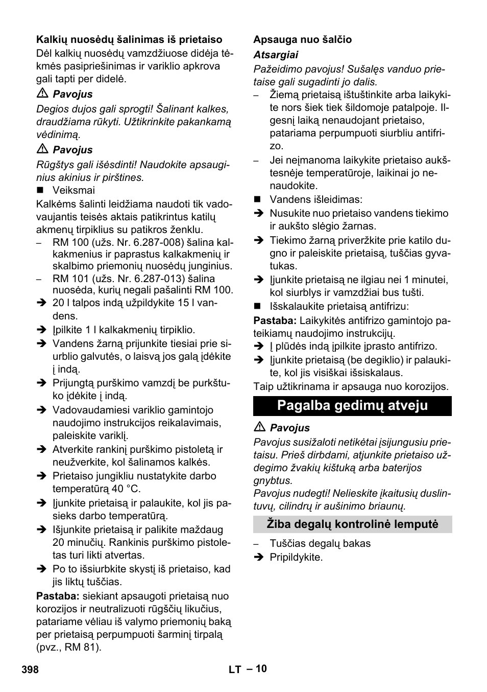 Kalkių nuosėdų šalinimas iš prietaiso, Apsauga nuo šalčio, Pagalba gedimų atveju | Žiba degalų kontrolinė lemputė | Karcher HDS 1000 Be User Manual | Page 398 / 436