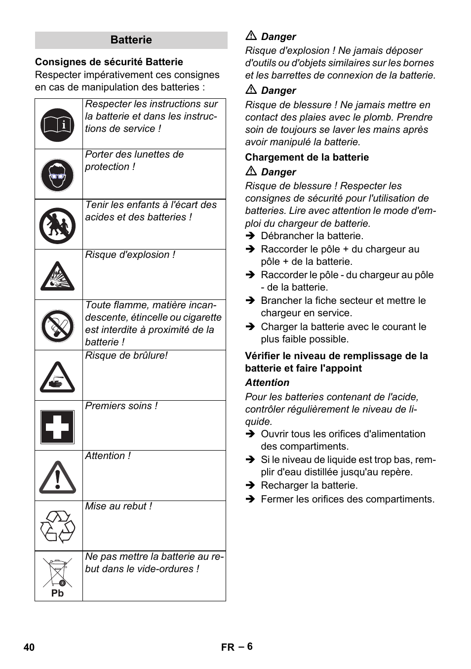 Batterie, Consignes de sécurité batterie, Chargement de la batterie | Karcher HDS 1000 Be User Manual | Page 40 / 436