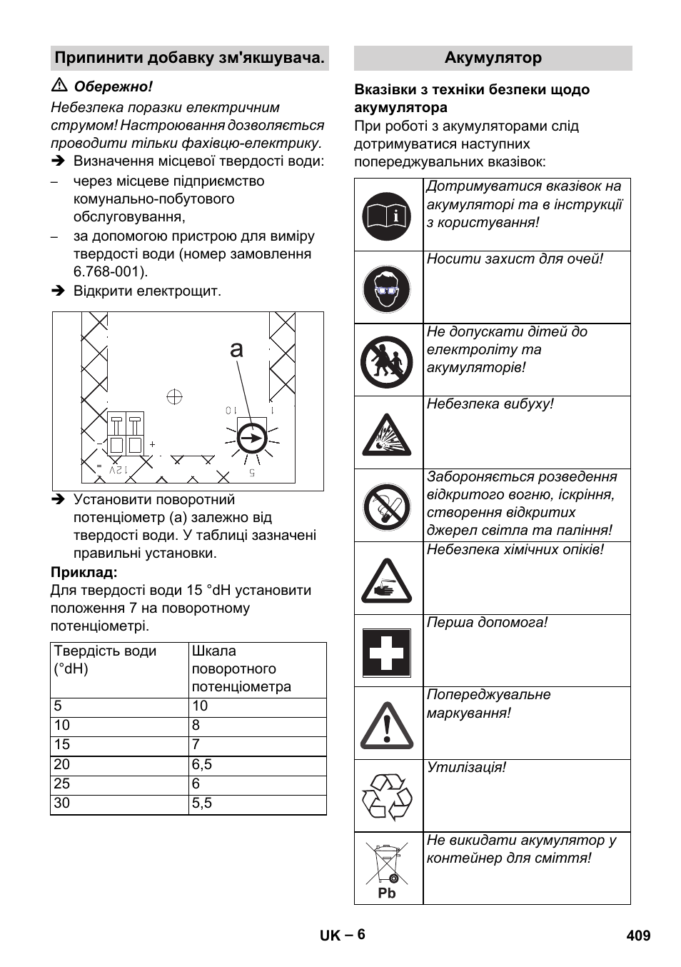 Припинити добавку зм'якшувача, Акумулятор, Вказівки з техніки безпеки щодо акумулятора | Karcher HDS 1000 Be User Manual | Page 409 / 436