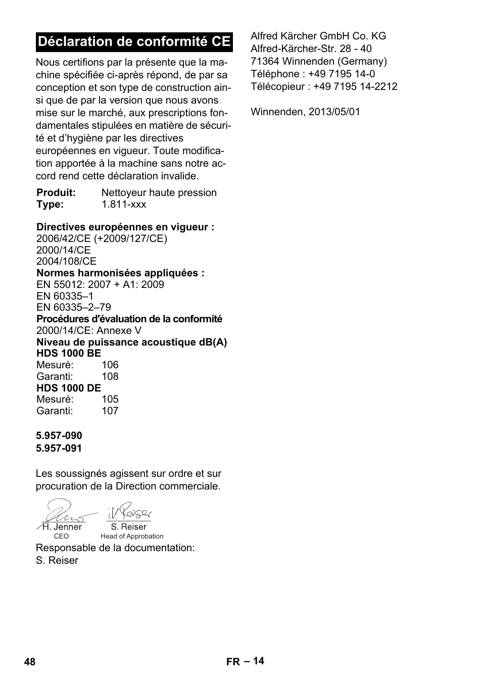 Déclaration de conformité ce | Karcher HDS 1000 Be User Manual | Page 48 / 436