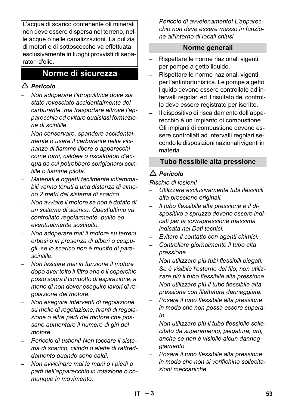 Norme di sicurezza, Norme generali, Tubo flessibile alta pressione | Karcher HDS 1000 Be User Manual | Page 53 / 436