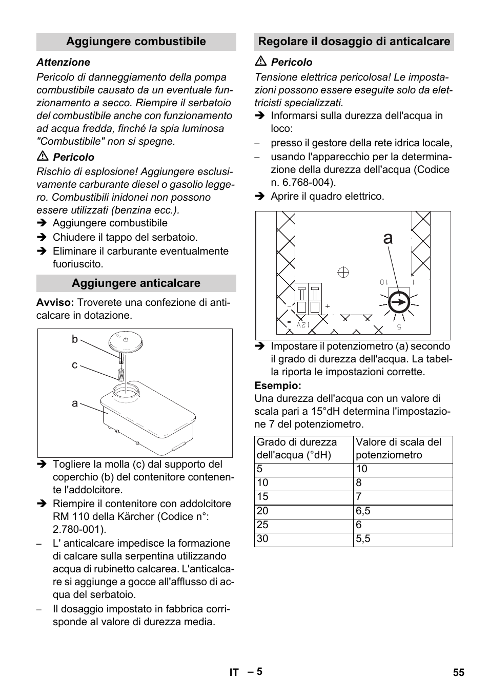 Aggiungere combustibile, Aggiungere anticalcare, Regolare il dosaggio di anticalcare | Karcher HDS 1000 Be User Manual | Page 55 / 436