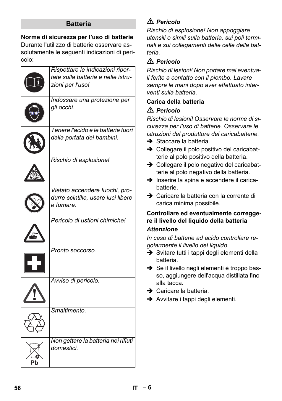 Batteria, Norme di sicurezza per l'uso di batterie, Carica della batteria | Karcher HDS 1000 Be User Manual | Page 56 / 436