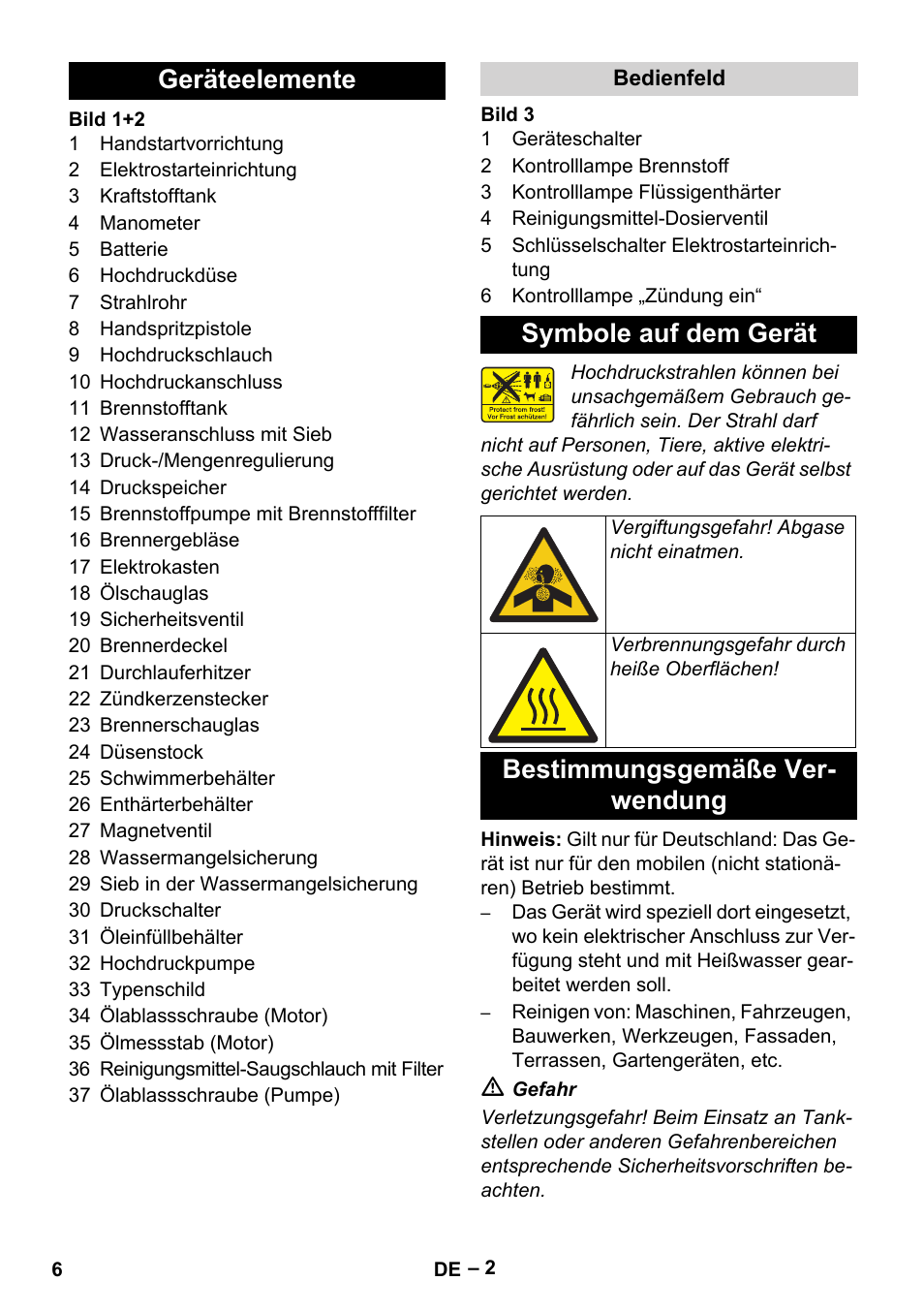 Geräteelemente, Bedienfeld, Symbole auf dem gerät | Bestimmungsgemäße verwendung, Bestimmungsgemäße ver- wendung | Karcher HDS 1000 Be User Manual | Page 6 / 436