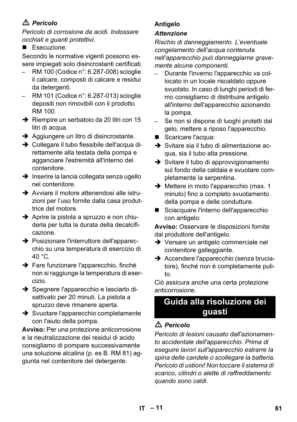 Antigelo, Guida alla risoluzione dei guasti | Karcher HDS 1000 Be User Manual | Page 61 / 436