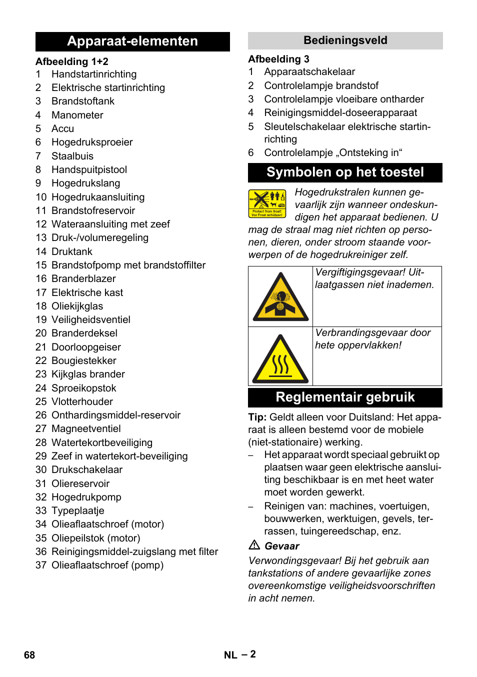 Apparaat-elementen, Bedieningsveld, Symbolen op het toestel | Reglementair gebruik | Karcher HDS 1000 Be User Manual | Page 68 / 436