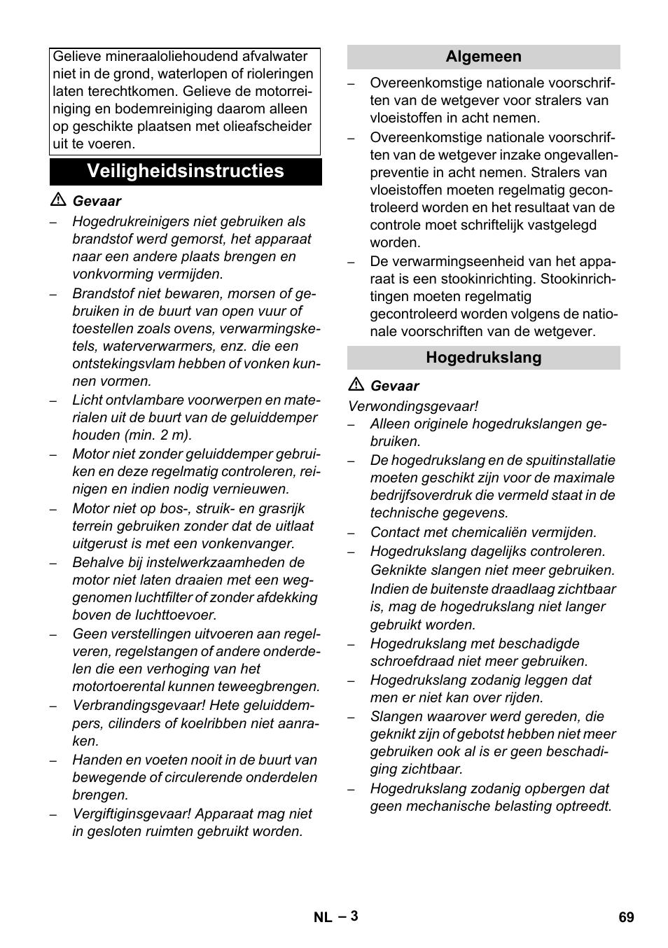 Veiligheidsinstructies, Algemeen, Hogedrukslang | Karcher HDS 1000 Be User Manual | Page 69 / 436