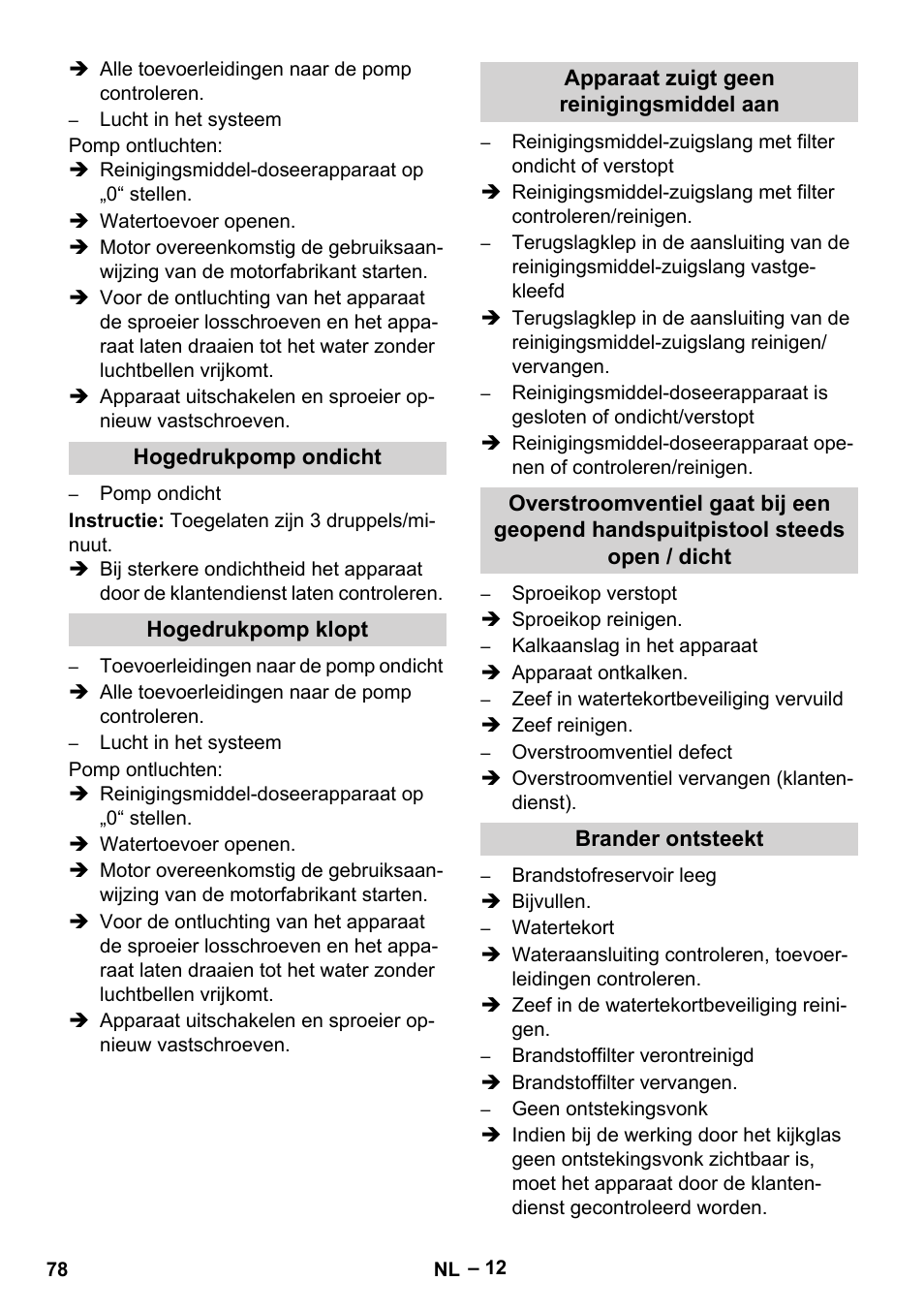 Hogedrukpomp ondicht, Hogedrukpomp klopt, Apparaat zuigt geen reinigingsmiddel aan | Brander ontsteekt | Karcher HDS 1000 Be User Manual | Page 78 / 436