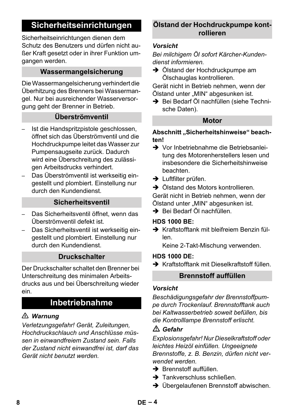 Sicherheitseinrichtungen, Wassermangelsicherung, Überströmventil | Sicherheitsventil, Druckschalter, Inbetriebnahme, Ölstand der hochdruckpumpe kontrollieren, Motor, Hds 1000 be, Hds 1000 de | Karcher HDS 1000 Be User Manual | Page 8 / 436