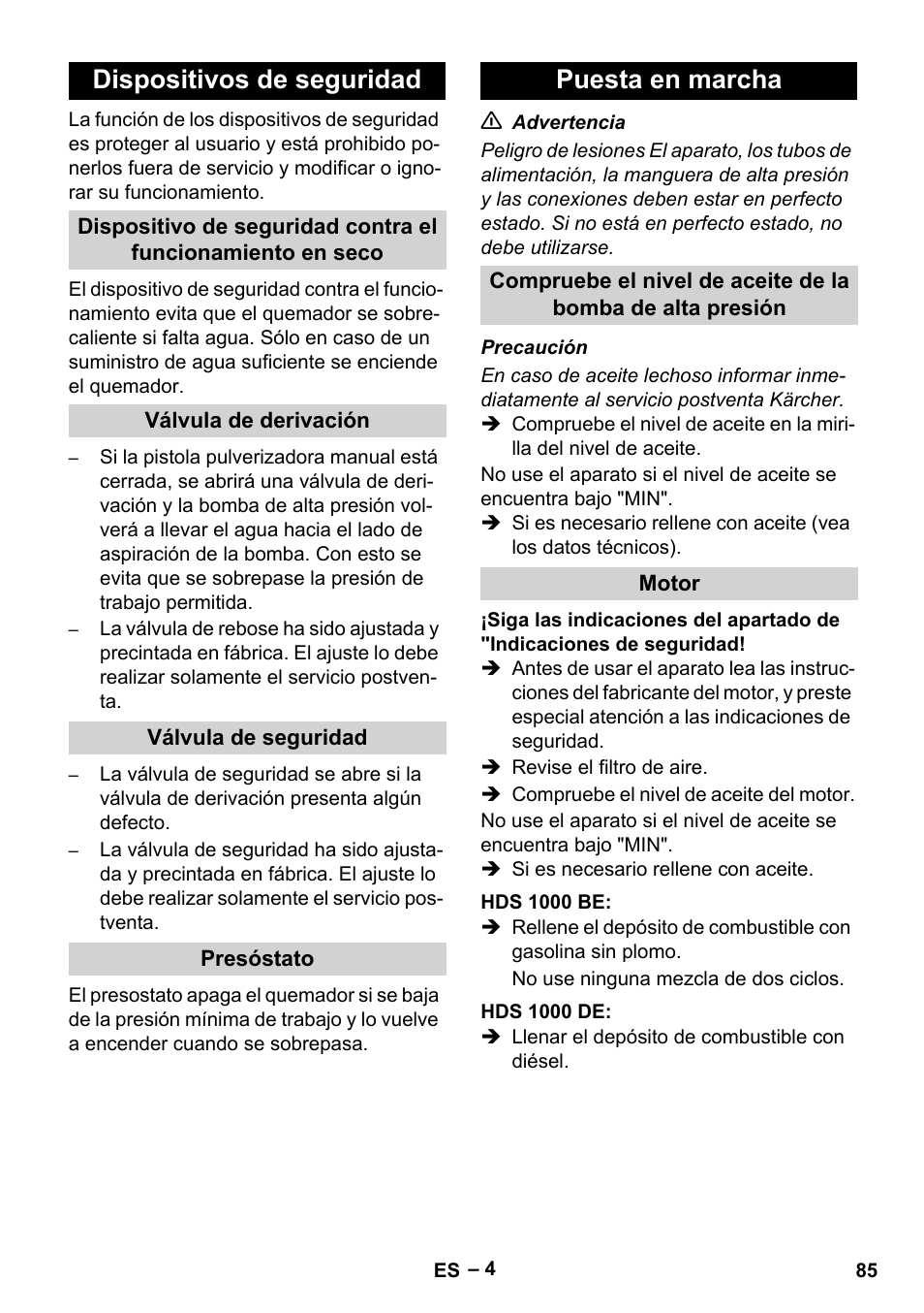 Dispositivos de seguridad, Válvula de derivación, Válvula de seguridad | Presóstato, Puesta en marcha, Motor, Hds 1000 be, Hds 1000 de | Karcher HDS 1000 Be User Manual | Page 85 / 436
