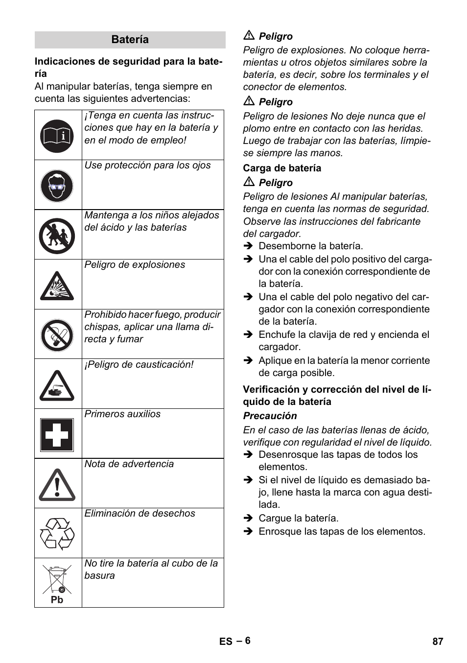 Batería, Indicaciones de seguridad para la batería, Carga de batería | Karcher HDS 1000 Be User Manual | Page 87 / 436