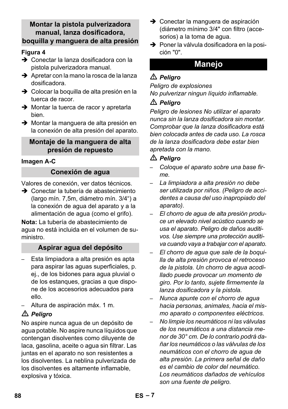 Montaje de la manguera de alta presión de repuesto, Conexión de agua, Aspirar agua del depósito | Manejo | Karcher HDS 1000 Be User Manual | Page 88 / 436