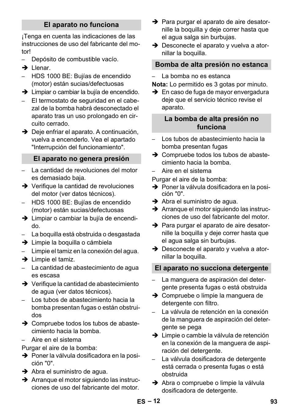 El aparato no funciona, El aparato no genera presión, Bomba de alta presión no estanca | La bomba de alta presión no funciona, El aparato no succiona detergente | Karcher HDS 1000 Be User Manual | Page 93 / 436