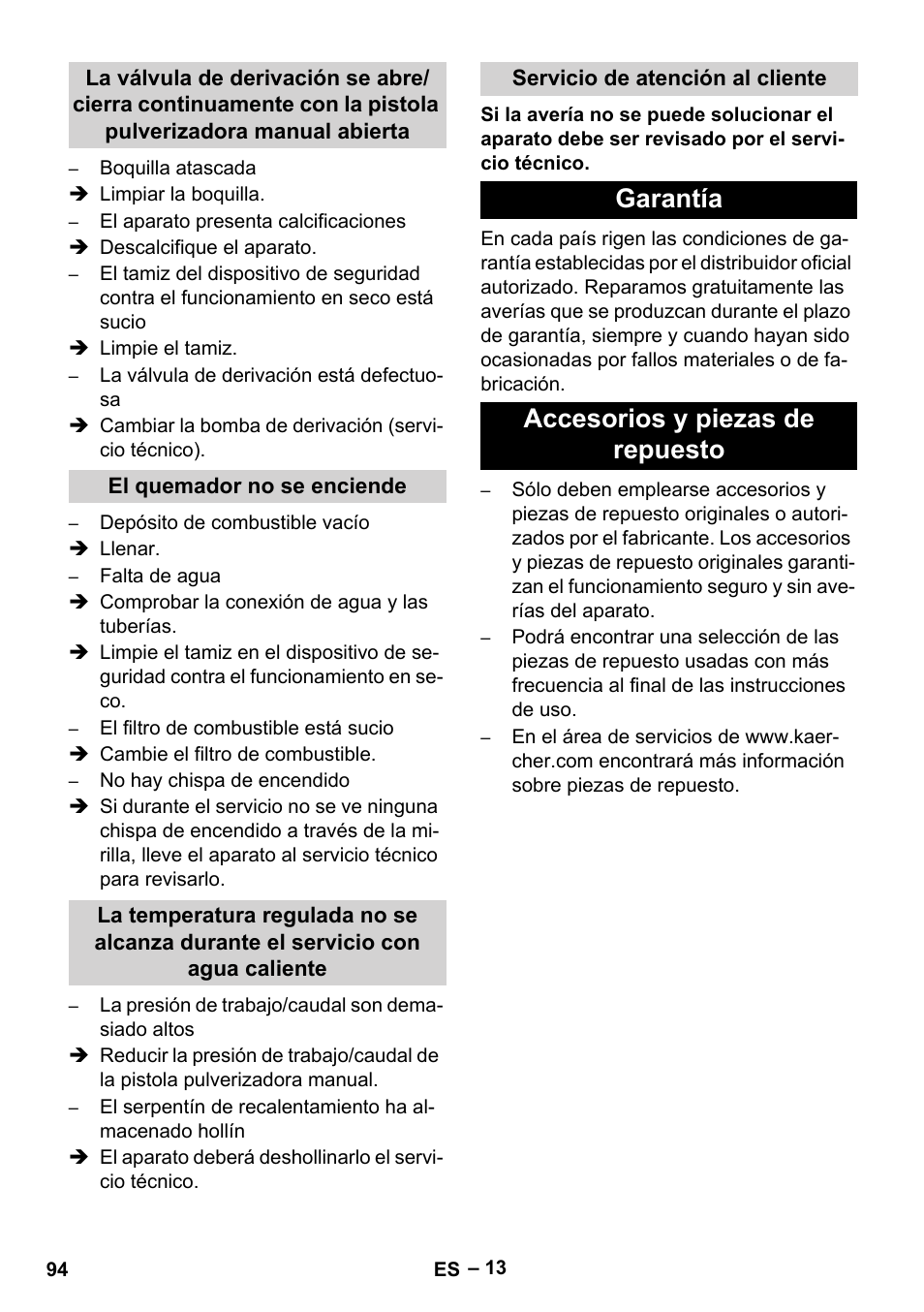 El quemador no se enciende, Servicio de atención al cliente, Garantía | Accesorios y piezas de repuesto, Garantía accesorios y piezas de repuesto | Karcher HDS 1000 Be User Manual | Page 94 / 436