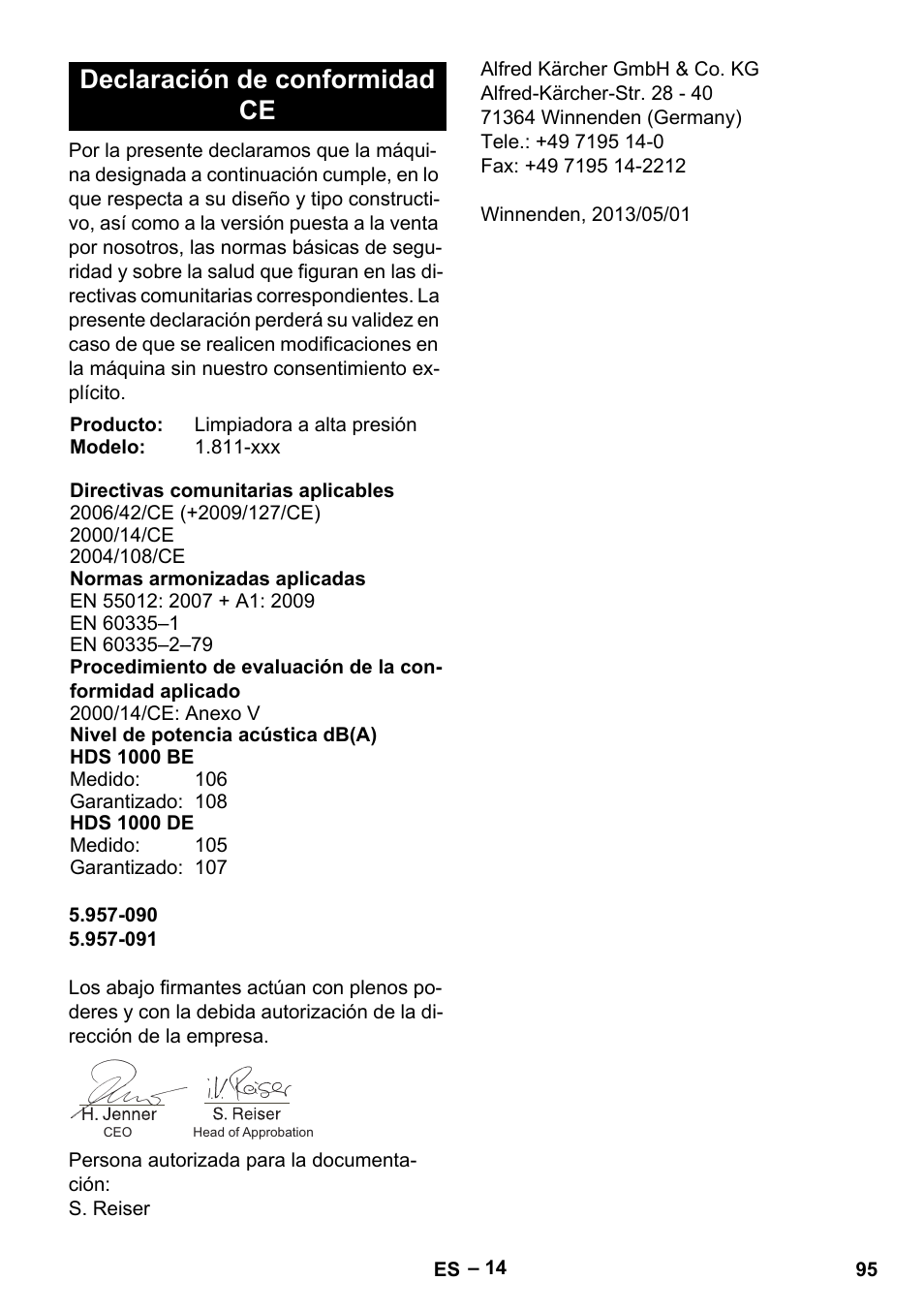 Declaración de conformidad ce | Karcher HDS 1000 Be User Manual | Page 95 / 436