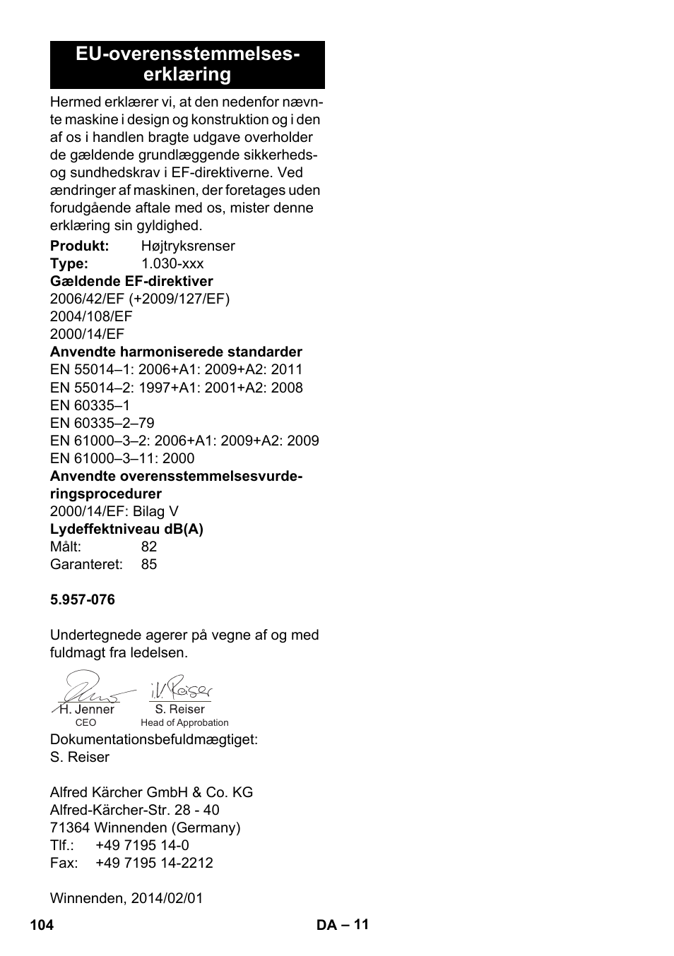 Eu-overensstemmelses- erklæring | Karcher HDS-E 8-16-4 M 36 KW User Manual | Page 104 / 344