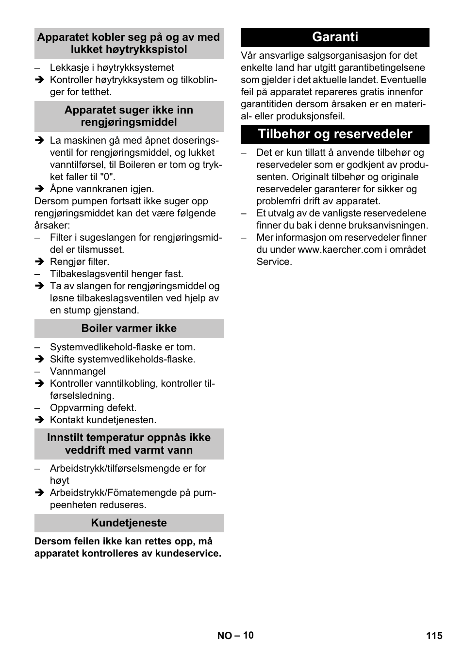 Apparatet suger ikke inn rengjøringsmiddel, Boiler varmer ikke, Kundetjeneste | Garanti, Tilbehør og reservedeler, Garanti tilbehør og reservedeler | Karcher HDS-E 8-16-4 M 36 KW User Manual | Page 115 / 344
