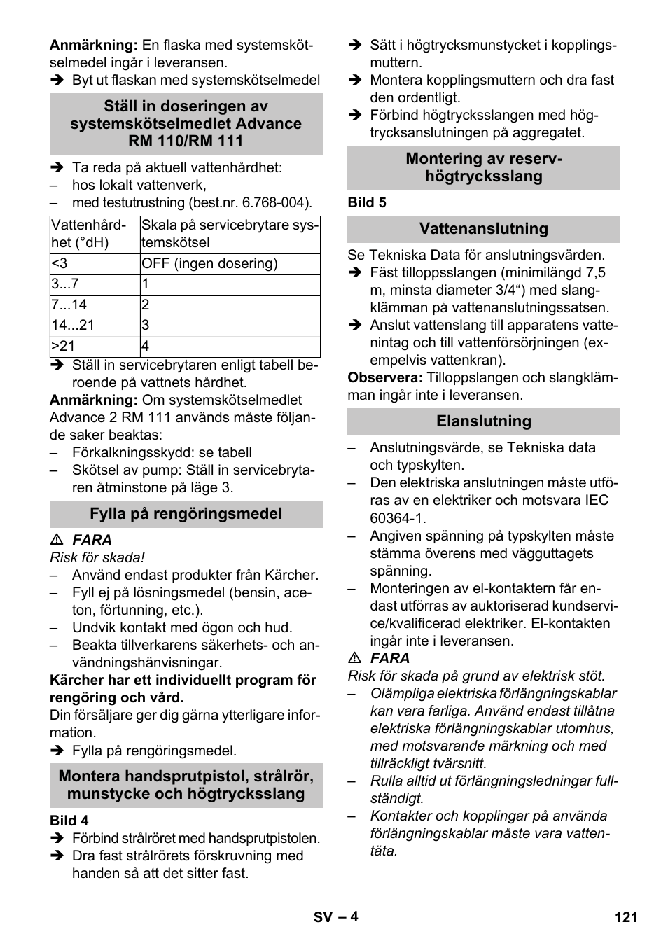 Fylla på rengöringsmedel, Montering av reserv- högtrycksslang, Vattenanslutning | Elanslutning | Karcher HDS-E 8-16-4 M 36 KW User Manual | Page 121 / 344