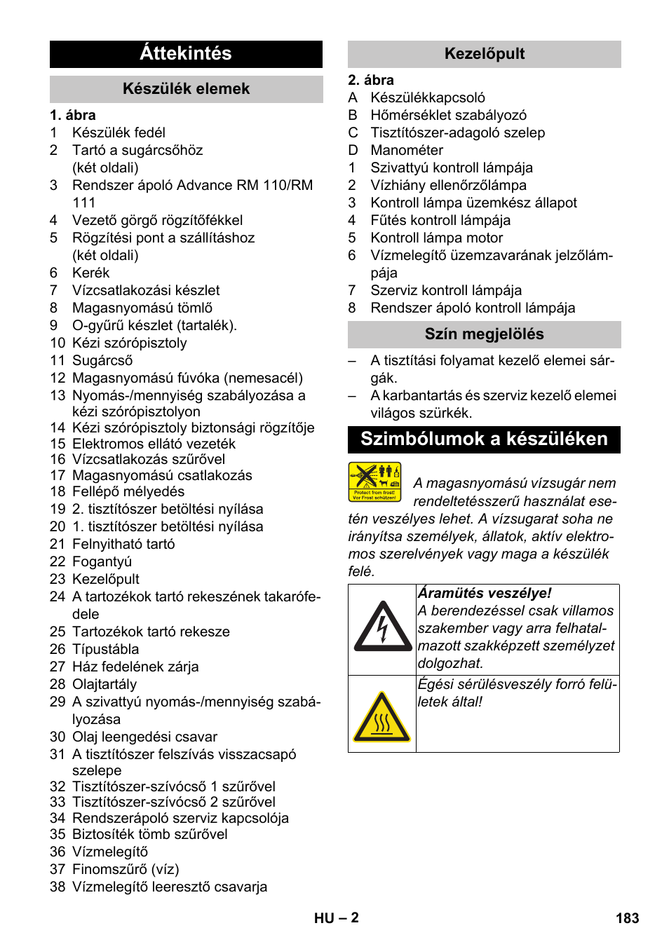 Áttekintés, Készülék elemek, Kezelőpult | Szín megjelölés, Szimbólumok a készüléken | Karcher HDS-E 8-16-4 M 36 KW User Manual | Page 183 / 344