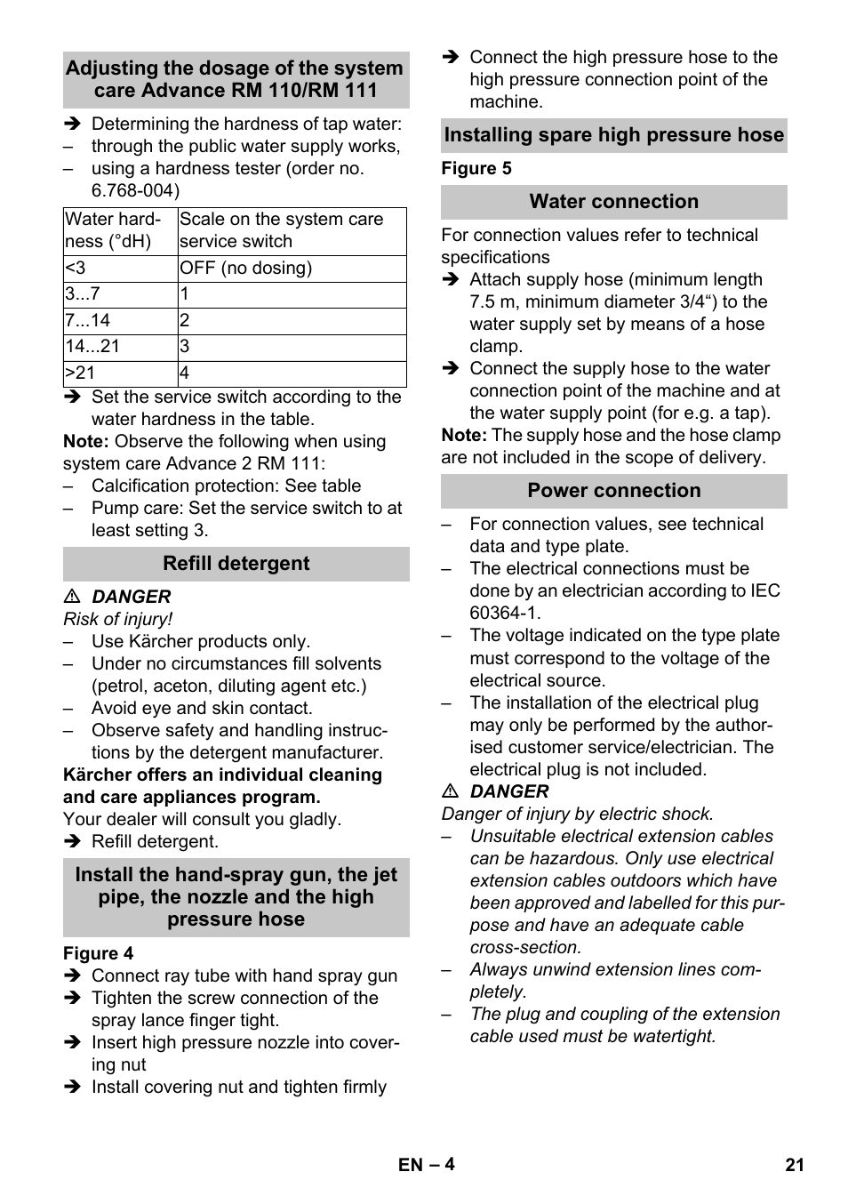 Refill detergent, Installing spare high pressure hose, Water connection | Power connection | Karcher HDS-E 8-16-4 M 36 KW User Manual | Page 21 / 344