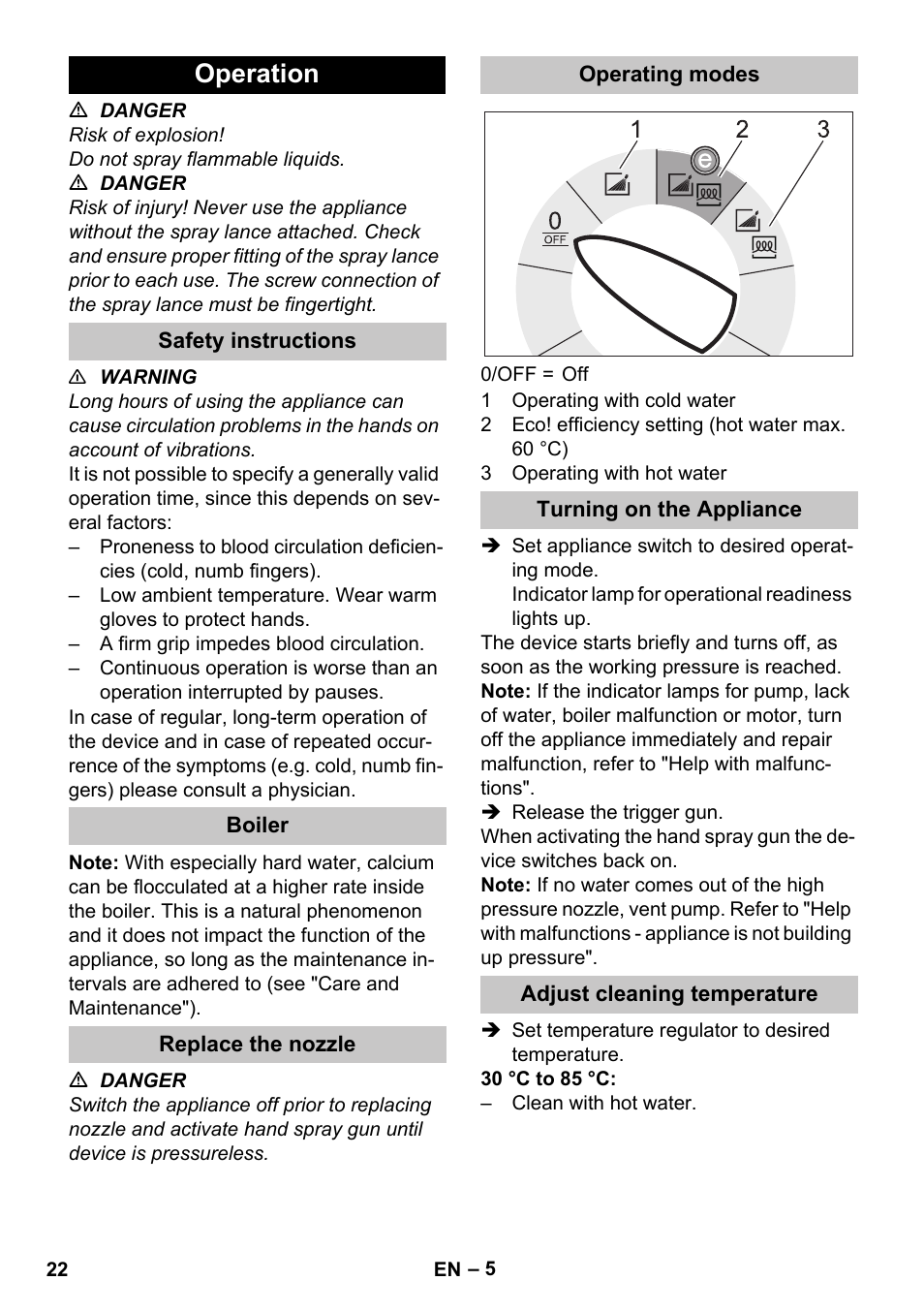 Operation, Safety instructions, Boiler | Replace the nozzle, Operating modes, Turning on the appliance, Adjust cleaning temperature | Karcher HDS-E 8-16-4 M 36 KW User Manual | Page 22 / 344