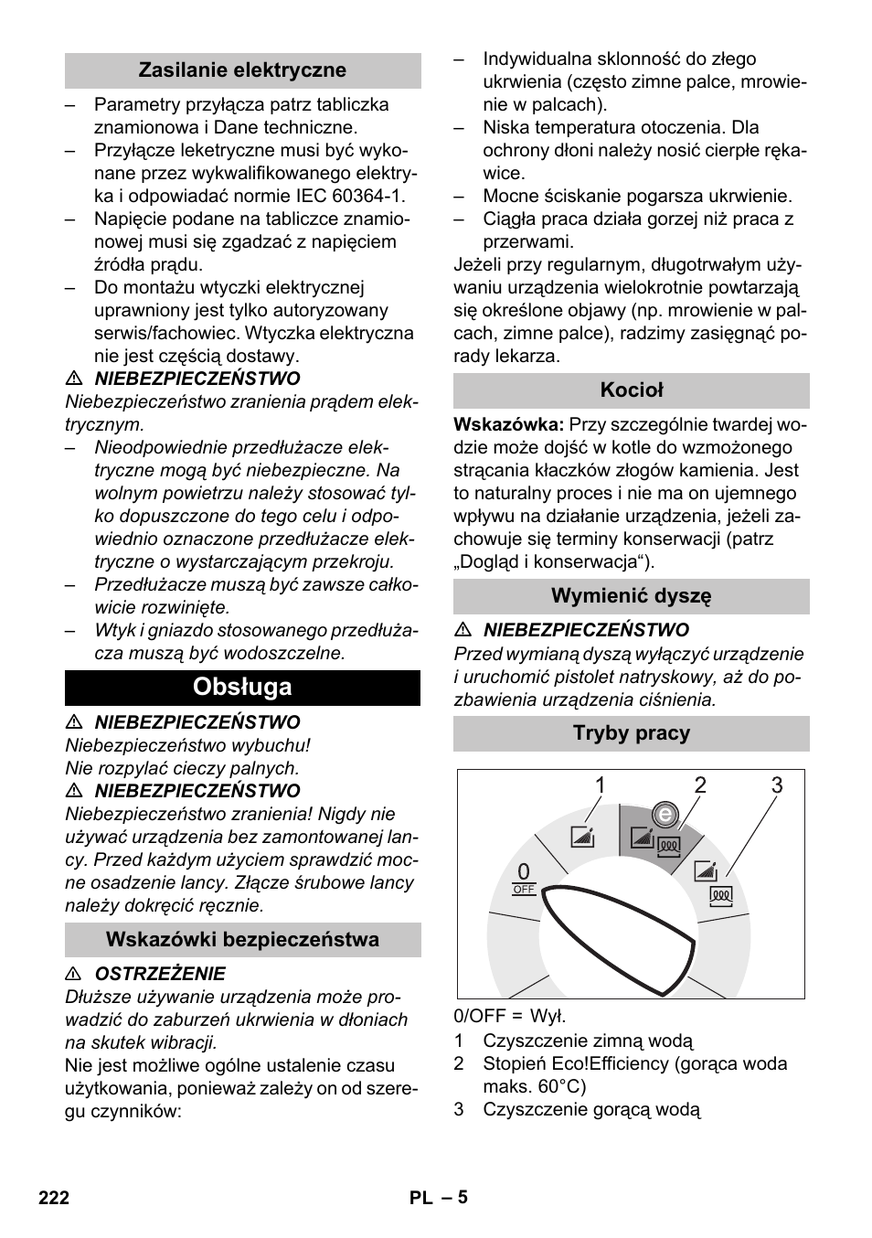 Zasilanie elektryczne, Obsługa, Wskazówki bezpieczeństwa | Kocioł, Wymienić dyszę, Tryby pracy | Karcher HDS-E 8-16-4 M 36 KW User Manual | Page 222 / 344