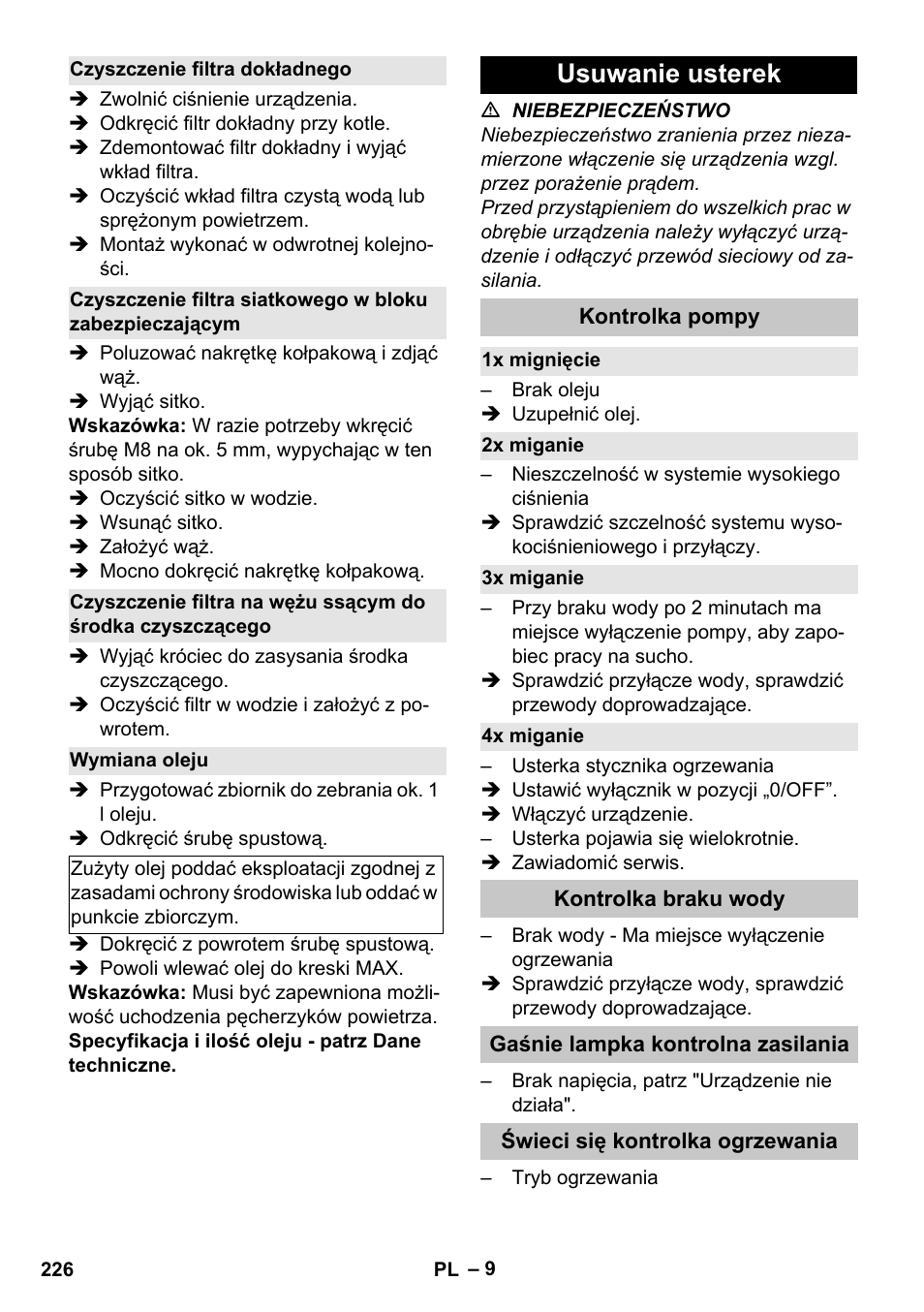 Czyszczenie filtra dokładnego, Wymiana oleju, Usuwanie usterek | Kontrolka pompy, 1x mignięcie, 2x miganie, 3x miganie, 4x miganie, Kontrolka braku wody, Gaśnie lampka kontrolna zasilania | Karcher HDS-E 8-16-4 M 36 KW User Manual | Page 226 / 344