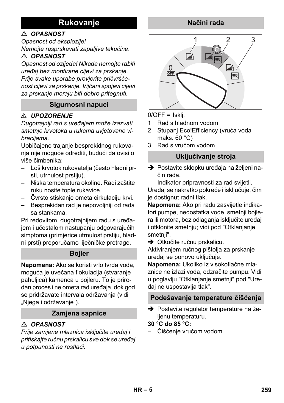 Rukovanje, Sigurnosni napuci, Bojler | Zamjena sapnice, Načini rada, Uključivanje stroja, Podešavanje temperature čišćenja | Karcher HDS-E 8-16-4 M 36 KW User Manual | Page 259 / 344