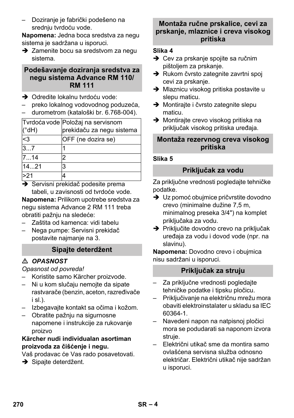 Sipajte deterdžent, Montaža rezervnog creva visokog pritiska, Priključak za vodu | Priključak za struju | Karcher HDS-E 8-16-4 M 36 KW User Manual | Page 270 / 344