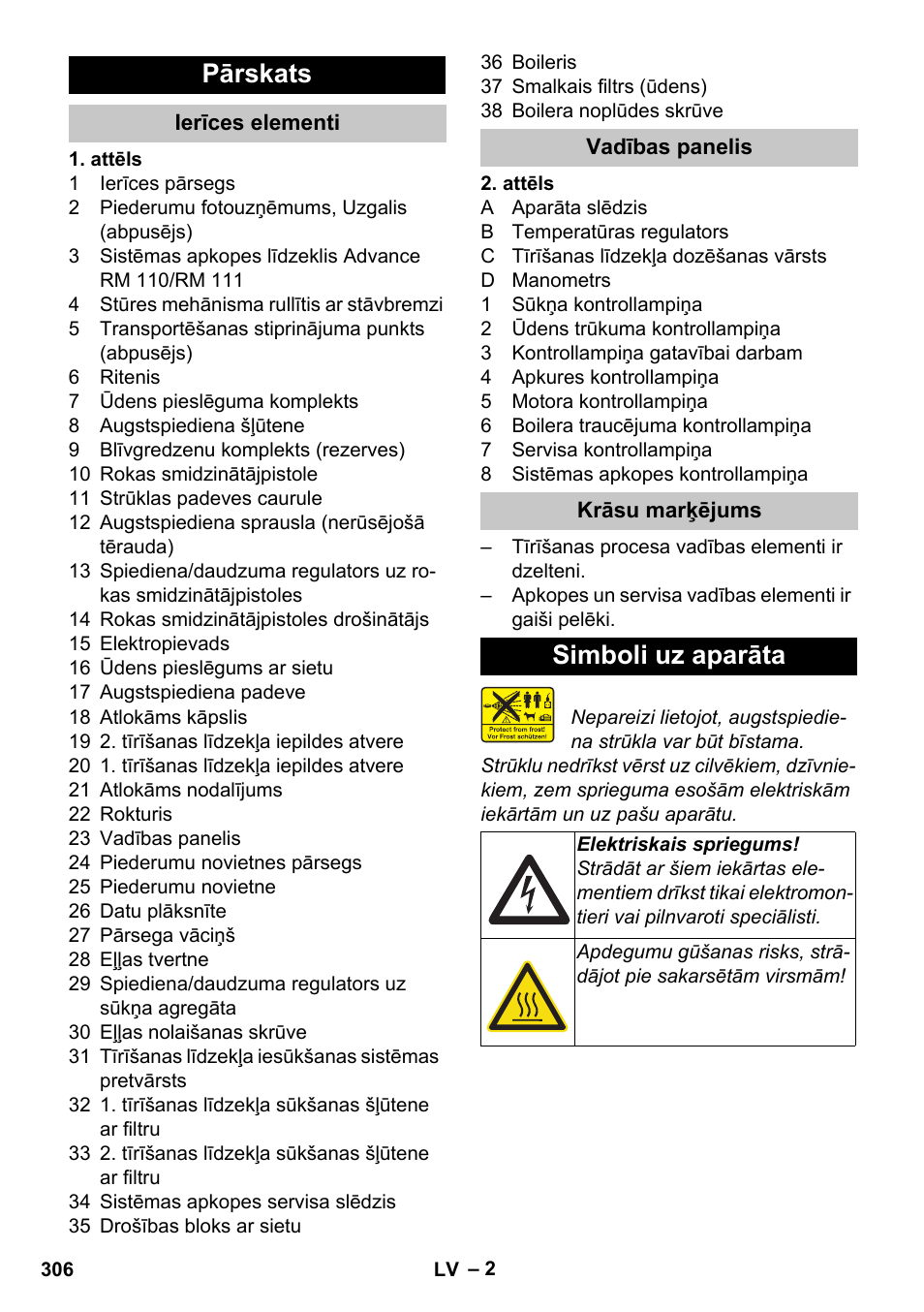 Pārskats, Ierīces elementi, Vadības panelis | Krāsu marķējums, Simboli uz aparāta | Karcher HDS-E 8-16-4 M 36 KW User Manual | Page 306 / 344