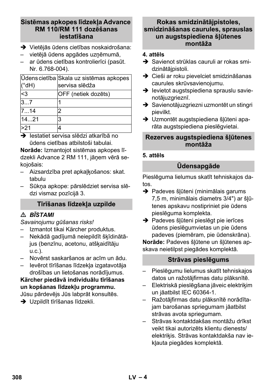 Tīrīšanas līdzekļa uzpilde, Rezerves augstspiediena šļūtenes montāža, Ūdensapgāde | Strāvas pieslēgums | Karcher HDS-E 8-16-4 M 36 KW User Manual | Page 308 / 344