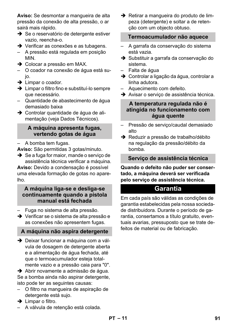 A máquina apresenta fugas, vertendo gotas de água, A máquina não aspira detergente, Termoacumulador não aquece | Serviço de assistência técnica, Garantia | Karcher HDS-E 8-16-4 M 36 KW User Manual | Page 91 / 344