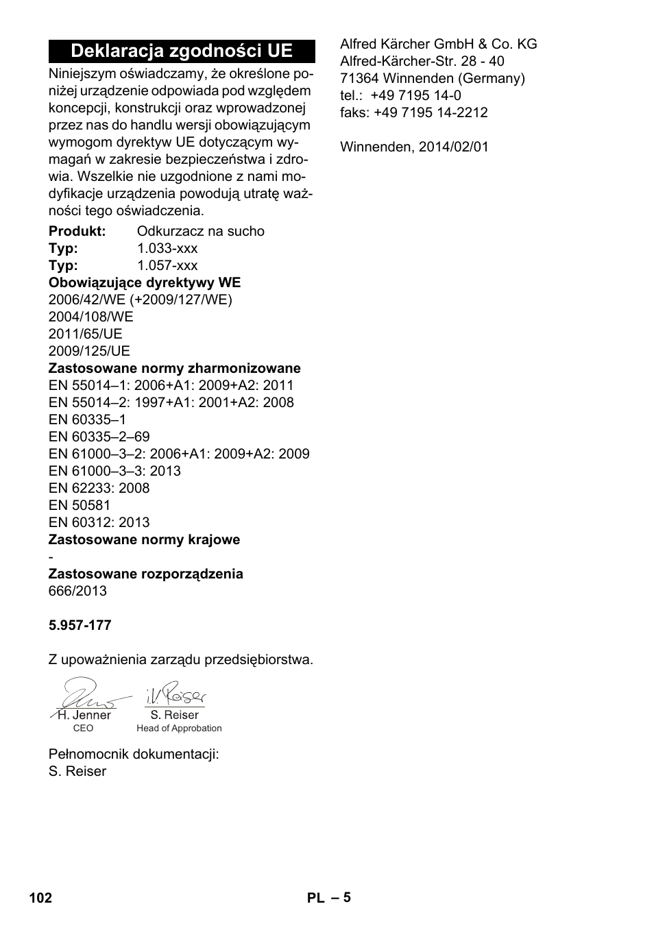 Deklaracja zgodności ue | Karcher CV 38-2 Adv User Manual | Page 102 / 156