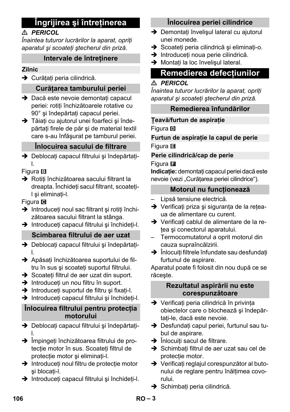 Îngrijirea şi întreţinerea, Intervale de întreţinere, Zilnic | Curăţarea tamburului periei, Înlocuirea sacului de filtrare, Scimbarea filtrului de aer uzat, Înlocuirea filtrului pentru protecţia motorului, Înlocuirea periei cilindrice, Remedierea defecţiunilor, Remedierea înfundărilor | Karcher CV 38-2 Adv User Manual | Page 106 / 156